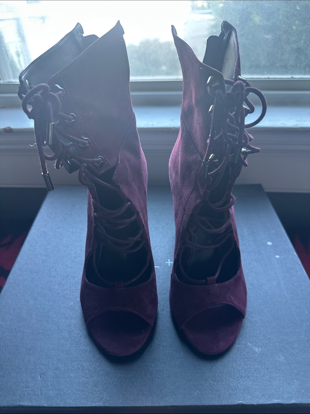 Kendall & Kylie Lace-Up Peep Toe Ankle Boots in Wine